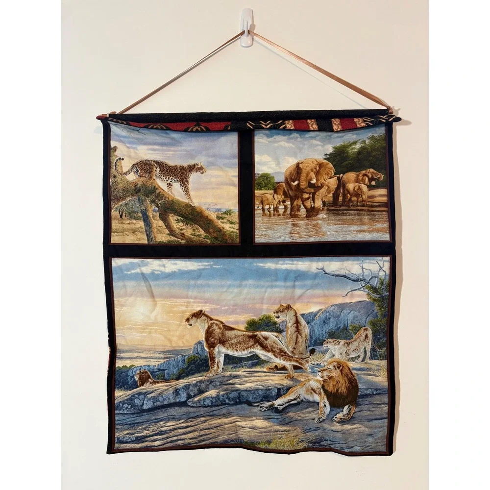 African Safari Wildlife Quilted Wall Hanging Reversible Batik Lion Elephant Art